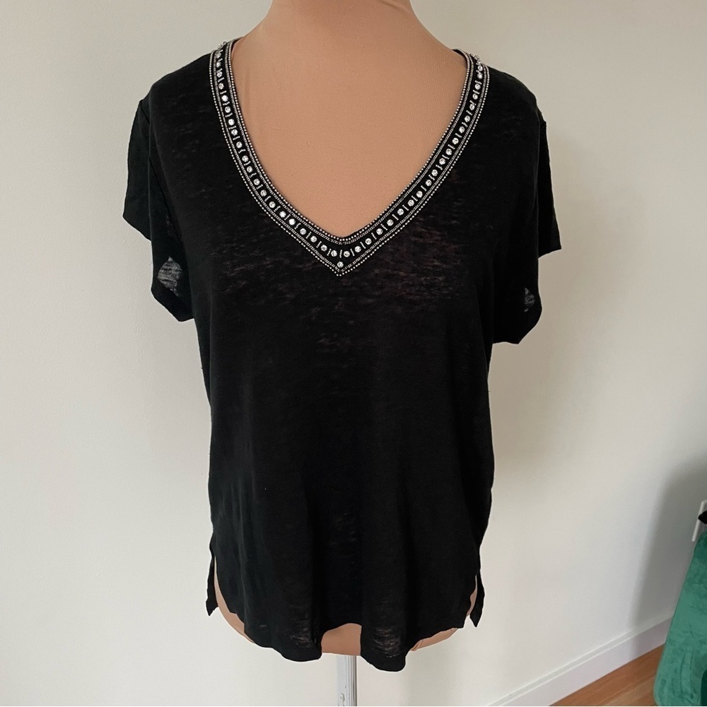 Generation Love New York Rhinestone V-Neck Black Linen T-Shirt EUC Size XS